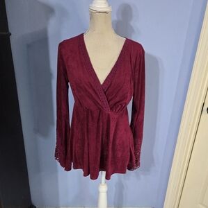 Red Camel Burgundy Faux Suede Long Sleeve Blouse L Lace Bell Sleeves Boho